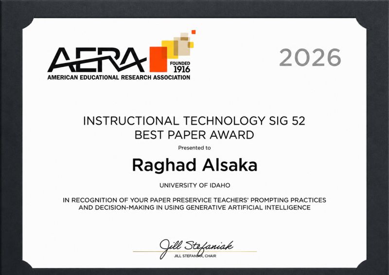 AERA 2026 Instructional Technology SIG 52 Best Paper Award certificate presented to Raghad Alsaka
